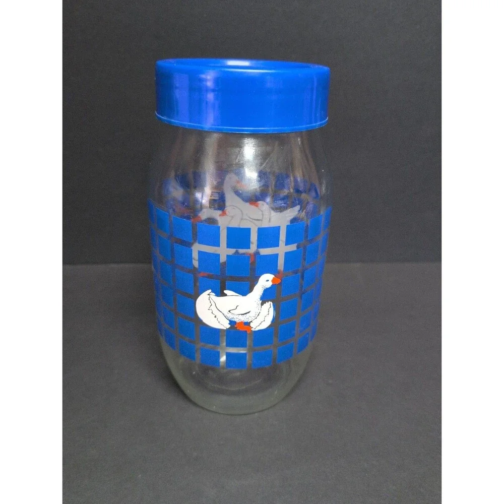 Carlton Glass Geese Clear Jar Blue Lid 2L Canister Goose Country Storage 1980's